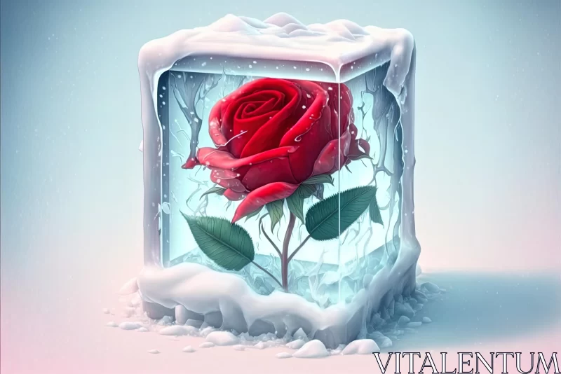 Frozen Rose in Ice Cube: Detailed Character Design and Romantic Landscapes AI Image