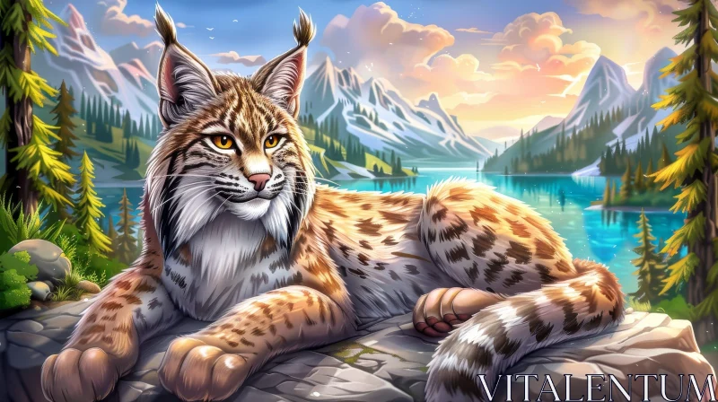 Lynx Resting on Rock at Mountain Lake - Digital Painting AI Image