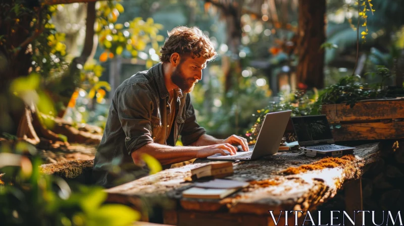 Man Working on Laptop in Lush Garden | Nature Art AI Image