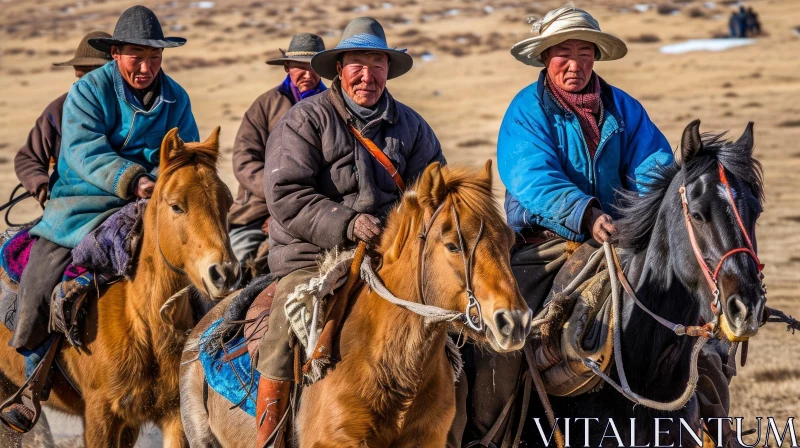 Mongolian Men on Horseback in a Snowy Field AI Image
