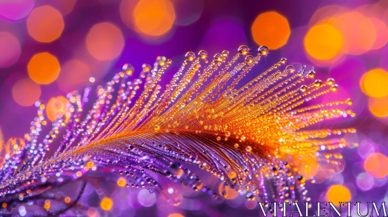 Purple and Gold Feather with Water Droplets AI Image