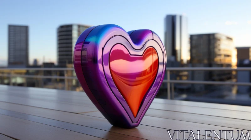 AI ART Purple Heart-Shaped Object on Wooden Table with Cityscape Background