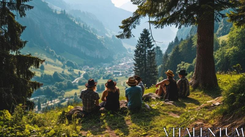 Serene Mountain Landscape: Friends Enjoying the View AI Image