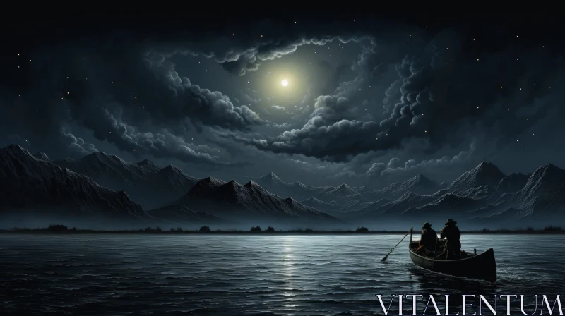 Serene Night Landscape with Boat and Moonlight AI Image