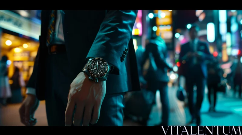 Stylish Man in Black Suit with Luxury Watch - Night City Scene AI Image