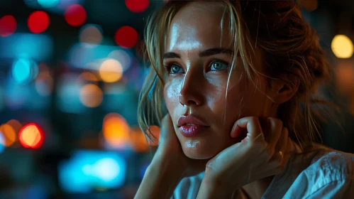 Thoughtful Portrait of a Young Woman with Blonde Hair and Blue Eyes