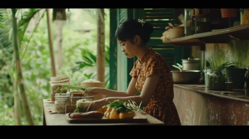 Traditional Vietnamese Dress: Cooking in a Rustic Kitchen