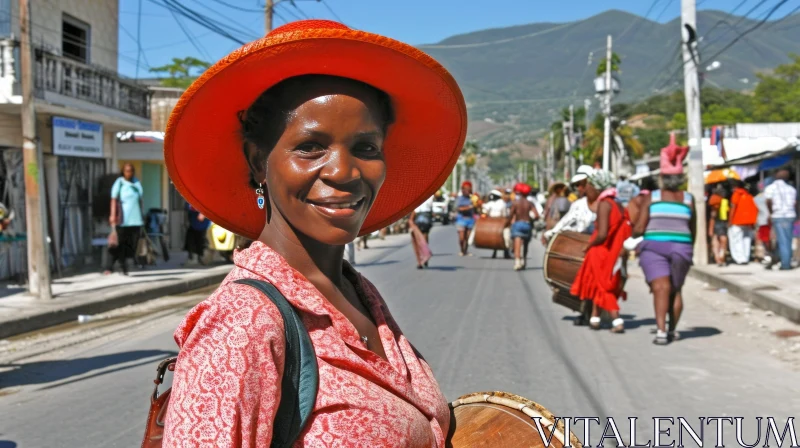 Vibrant Haitian Woman with Traditional Drum on Street AI Image