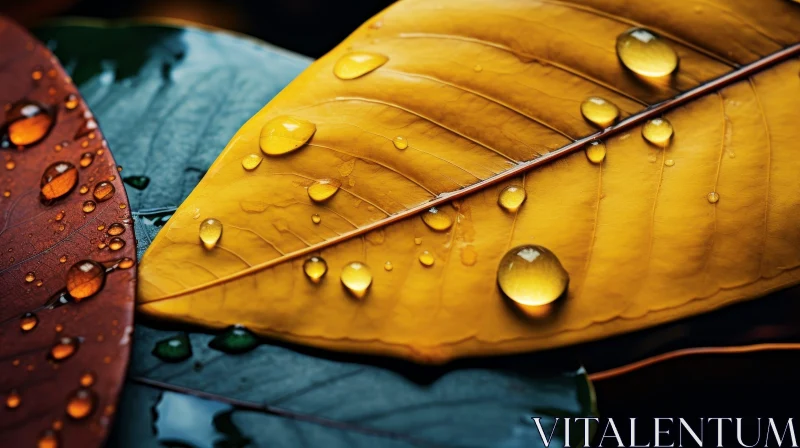 Yellow Leaf with Water Drops Backlit by Sunlight AI Image