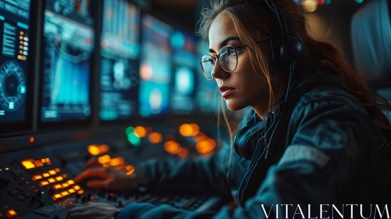 Young Woman Working at Computer Console AI Image