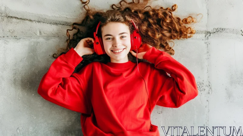 Beautiful Smiling Girl in Red Sweatshirt Listening to Music AI Image