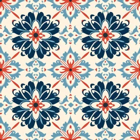 Blue and Red Floral Pattern on Cream Background