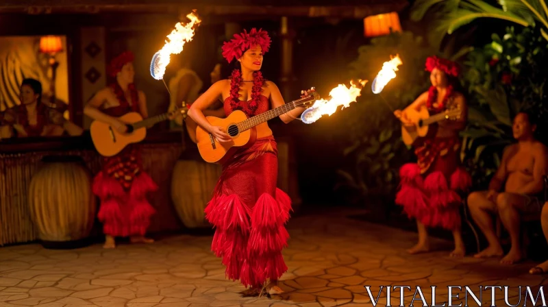 Captivating Hawaiian Dance Performance with Guitar and Flames AI Image