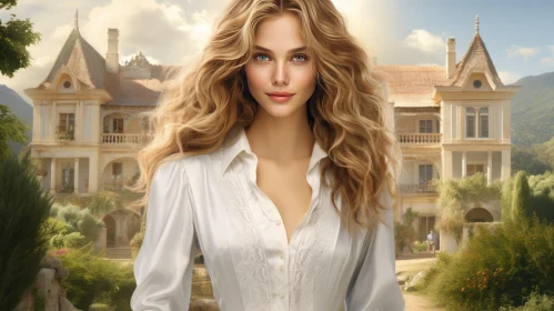 Captivating Portrait of a Young Woman in Front of a Mansion