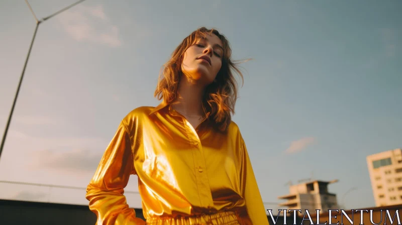 Golden Hour Beauty: Young Woman in Silk Shirt on Rooftop at Sunset AI Image