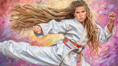 Karate Girl Painting - Dynamic Stance in Abstract Background