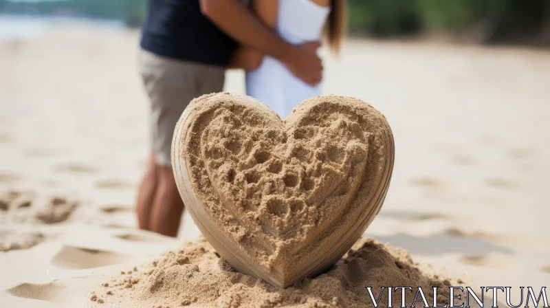 Romantic Sand Sculpture Heart on Beach AI Image