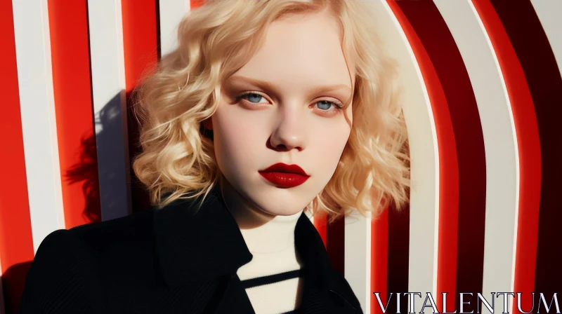 Serious Young Woman Portrait with Blonde Hair and Red Lipstick AI Image