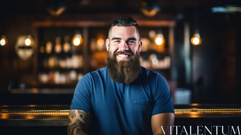 Smiling Man with Beard at Bar Counter AI Image