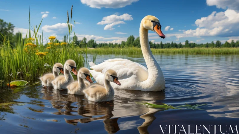 Swan Family Swimming in Lake - Serene Nature Scene AI Image