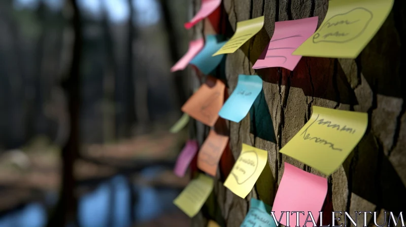 Vibrant Sticky Notes on Tree Trunk in Enchanting Forest AI Image