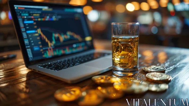 Captivating Still Life: Laptop, Whiskey, and Gold Coins AI Image
