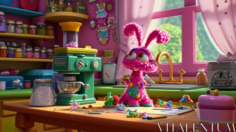 Delightful 3D Rendering: Pink Fuzzy Creature in Vibrant Kitchen AI Image