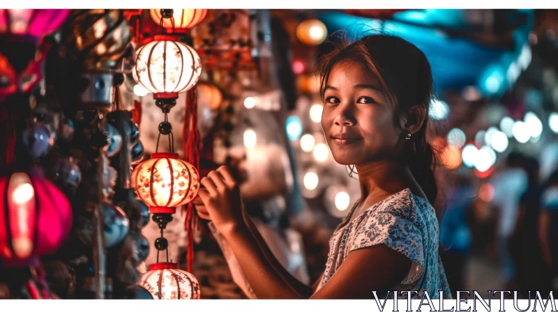 Enchanting Asian Woman in Traditional Dress at Night Market AI Image