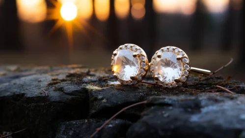 Exquisite Diamond Earrings on Rock in Forest Setting