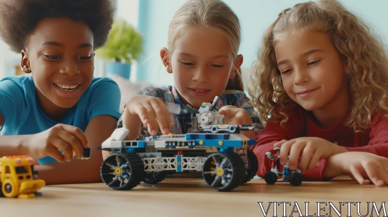 Joyful Children Building a Lego Spaceship AI Image
