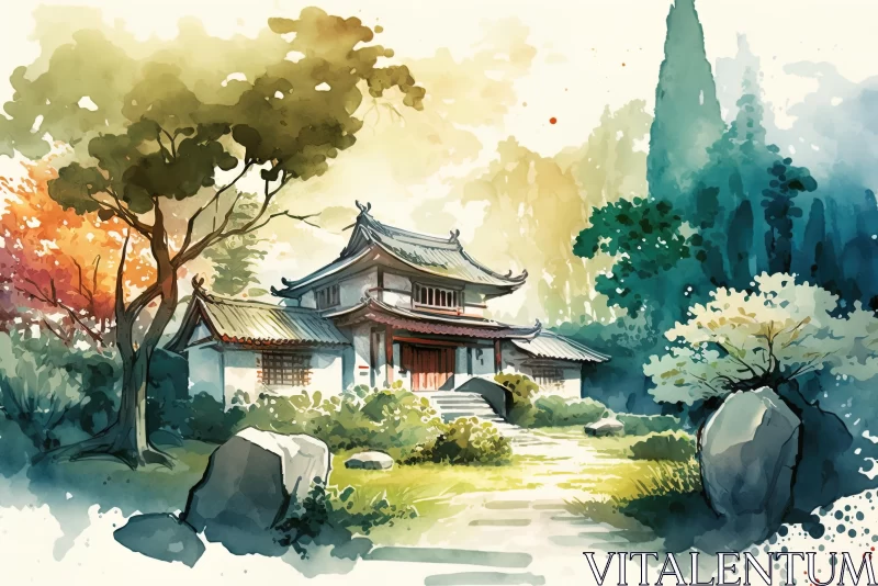 Serene Asian House Painting with Sketchy Style | Mystical Creatures AI Image