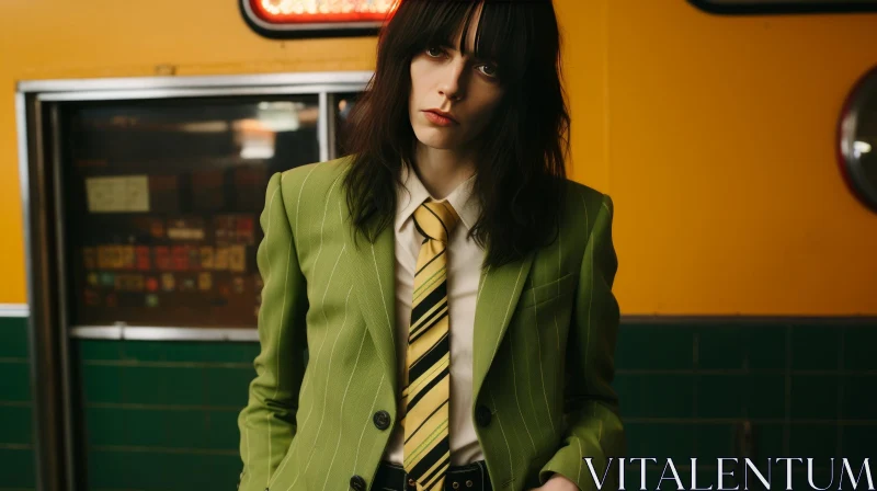 AI ART Serious Woman in Green Suit and Yellow Tie