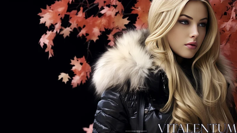 Serious Young Blonde Woman Portrait in Black Jacket AI Image