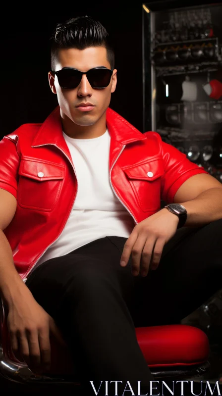 Serious Young Man in Red Leather Jacket and Sunglasses AI Image