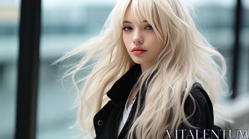 Serious Young Woman with Blonde Hair and Black Jacket Portrait AI Image