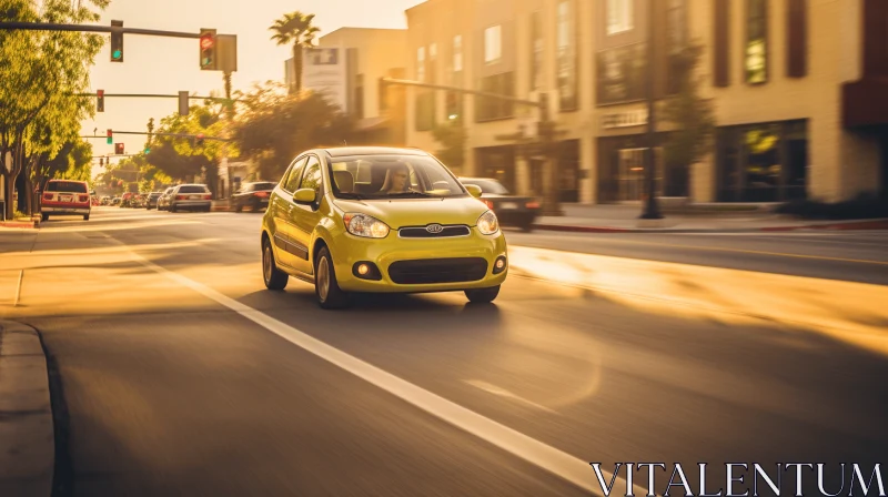 Small Yellow Car Driving on City Street | Dynamic Colors AI Image
