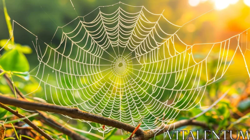 Symmetrical Spider Web with Dew in Nature AI Image
