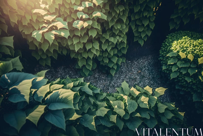 Tranquil Gardenscapes: Serene Composition of Lush Green Leaves in Urban Environment AI Image