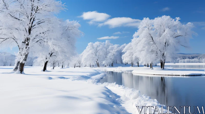 Winter Landscape with Snow-Covered Trees and Frozen Lake AI Image