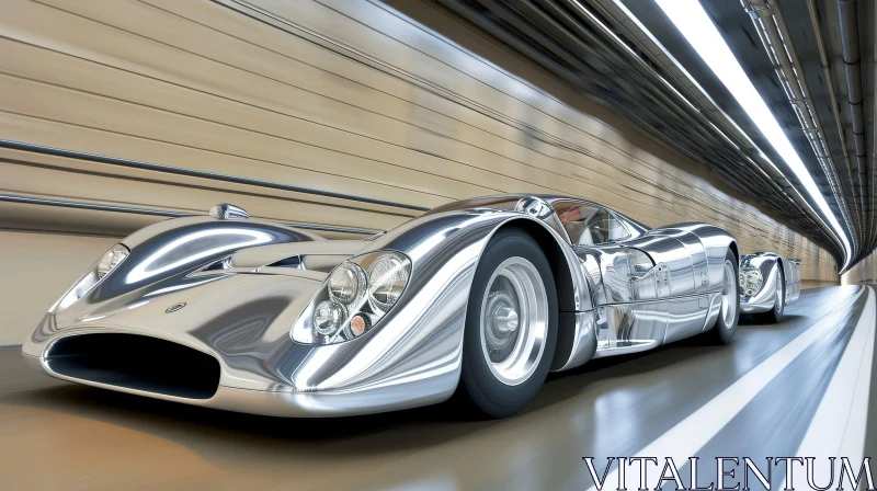 Classic Silver Sports Car Driving in Dark Tunnel AI Image