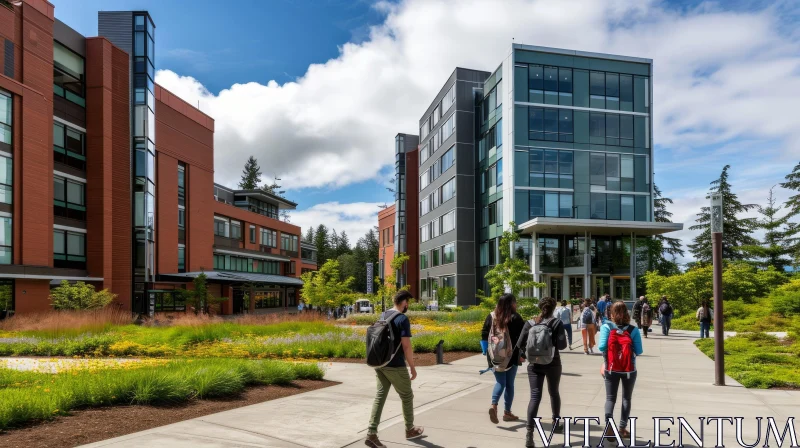 Enchanting College Campus: Students Walking Amidst Lush Greenery AI Image