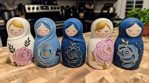 Exquisite Russian Nesting Dolls with Blue Floral Pattern