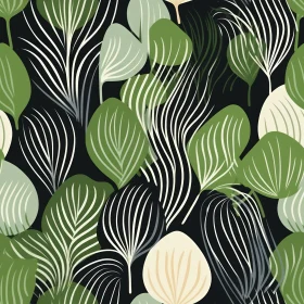 Green and White Leaves Seamless Pattern on Black Background