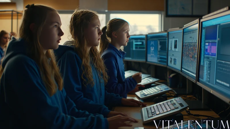 Intense Concentration: Female Students in a Computer Lab AI Image