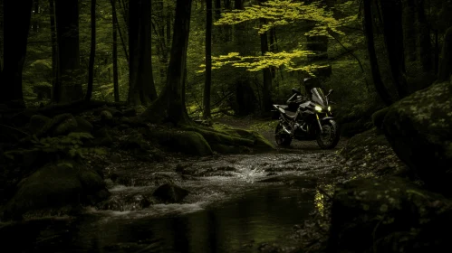Nature's Essence: A Dark Motorcycle Journey by a Stream