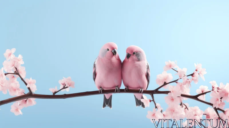 AI ART Pink Parrots on Cherry Blossom Branch - Serene Nature Scene