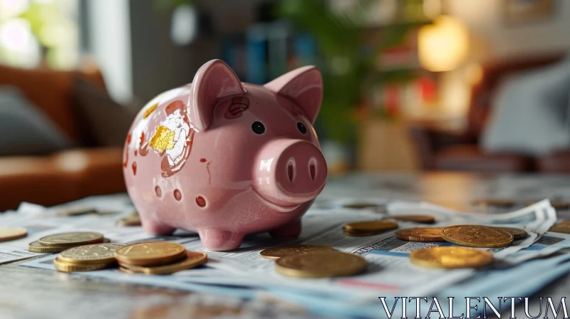 Pink Piggy Bank on Table: A Cheerful Still Life Image AI Image
