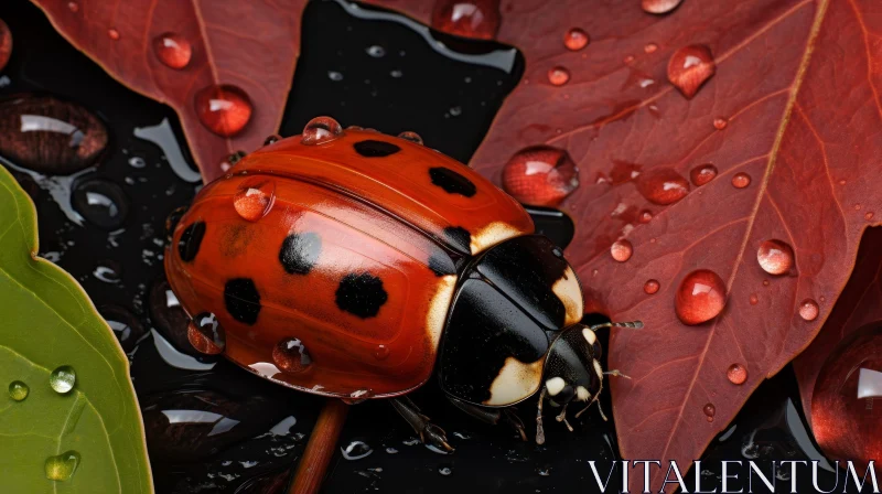Red Ladybug on Green Leaf with Water Droplets - Close-up Shot AI Image