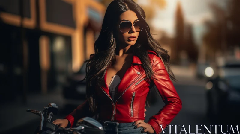 Red Leather Jacket Woman with Motorcycle AI Image
