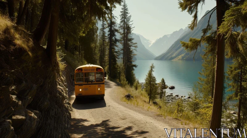Scenic School Bus Drive by Lake and Mountains AI Image